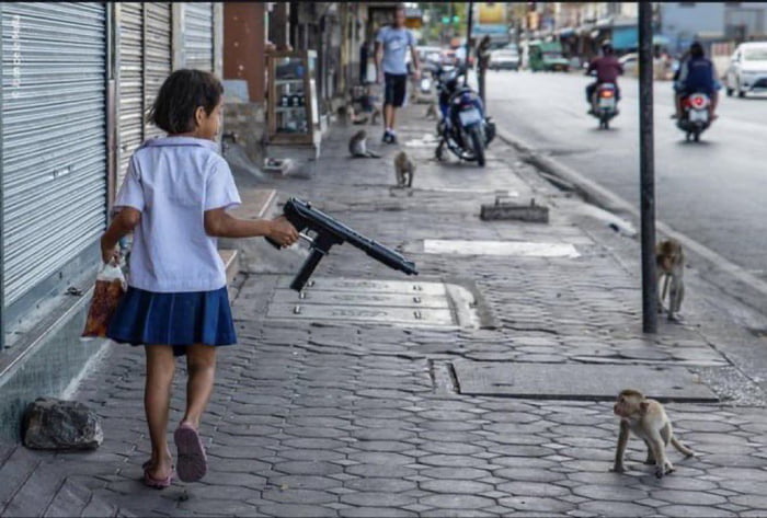 A Thai girl brought an airsoft machine gun to defend herself from monkey attacks on her way home