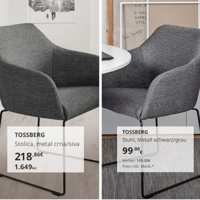 Chair in Croatia 218 euros, average income 1200 euros Chair in Germany 99 euros, average income 3200 euros