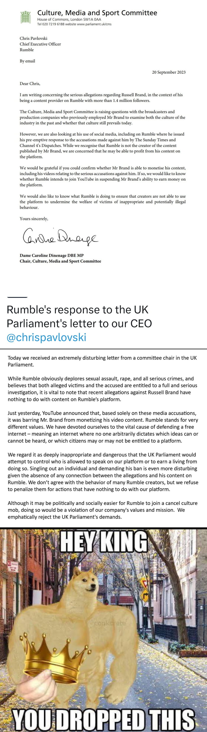 Remember when people (men) were innocent until proven guilty? The UK parliament wrote a letter to the video platform Rumble asking them about Russel Brand's ability to monotise his content. YouTube took away his earnings. Rumble's ceo stood up agains