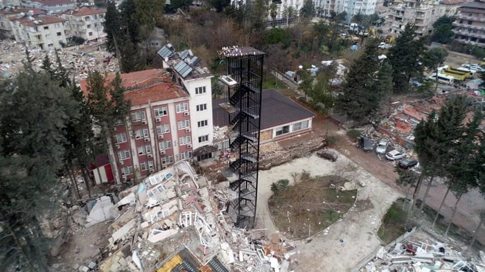 Only the firestairs are left of the building after the earthquake in Turkey.