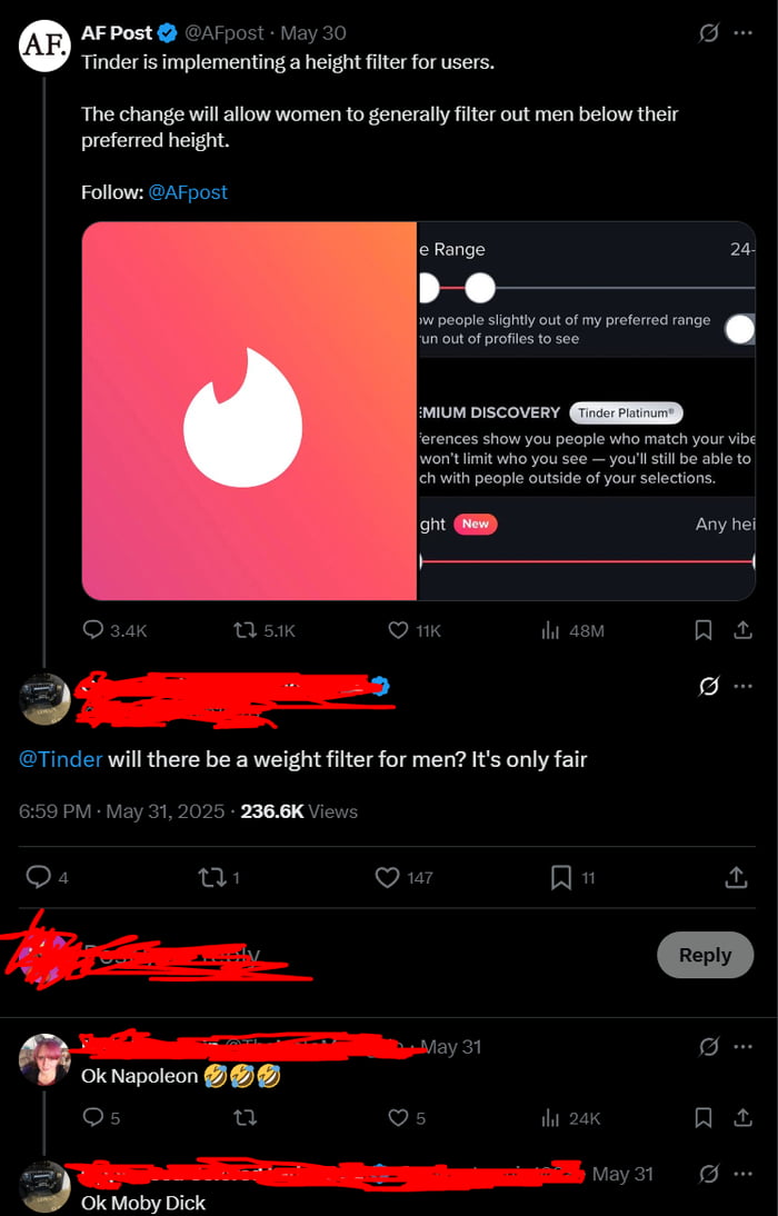 The internet responds to Tinder's height filter debate.