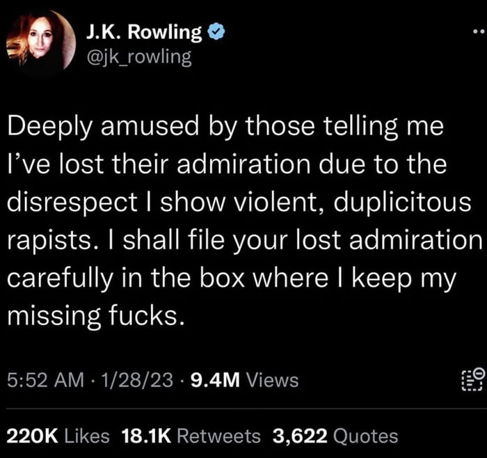 It's amazing that Rowling was once the icon of the left but politics has moved so far that she's a pariah to those who once worshipped the ground she walked on.