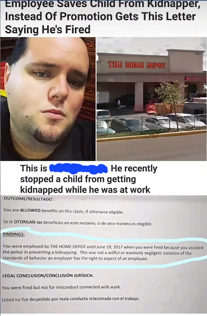 "We don't care that you were saving a child from being kidnapped. You're fired!"