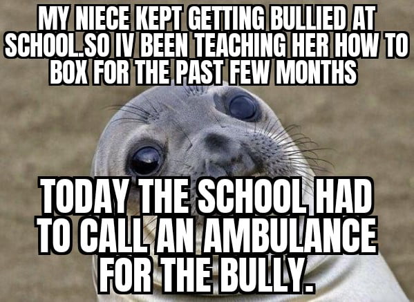 I saw the video an hour ago. My niece punched the bully 8 more times AFTER the bully was knocked out cold.cops have been called & my sister is currently screaming at me.