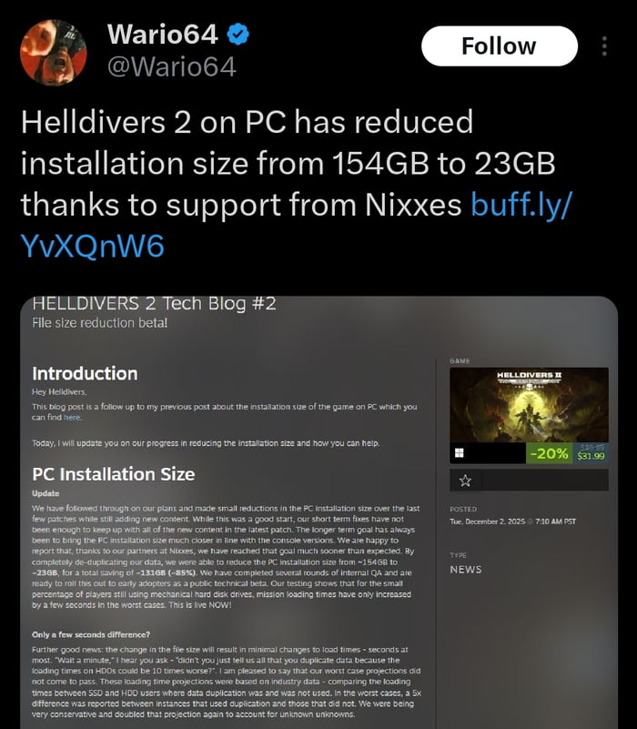Helldivers 2 optimized from 154GB down to just 23GB.