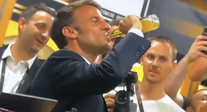 Macron was accused of toxic masculinity after drinking a beer in 17 seconds. Idiocracy here we come