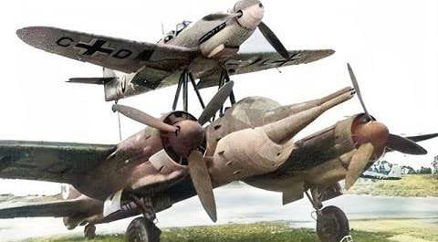 On May 30, 1944, the Mistel-1 aviation strike system, also known as Beethoven, was put into service in Germany. A Messerschmitt Bf.109F attached to the roof of a Junkers Ju.88, converted into an unmanned aircraft with a 2-ton shaped charge bomb in pl