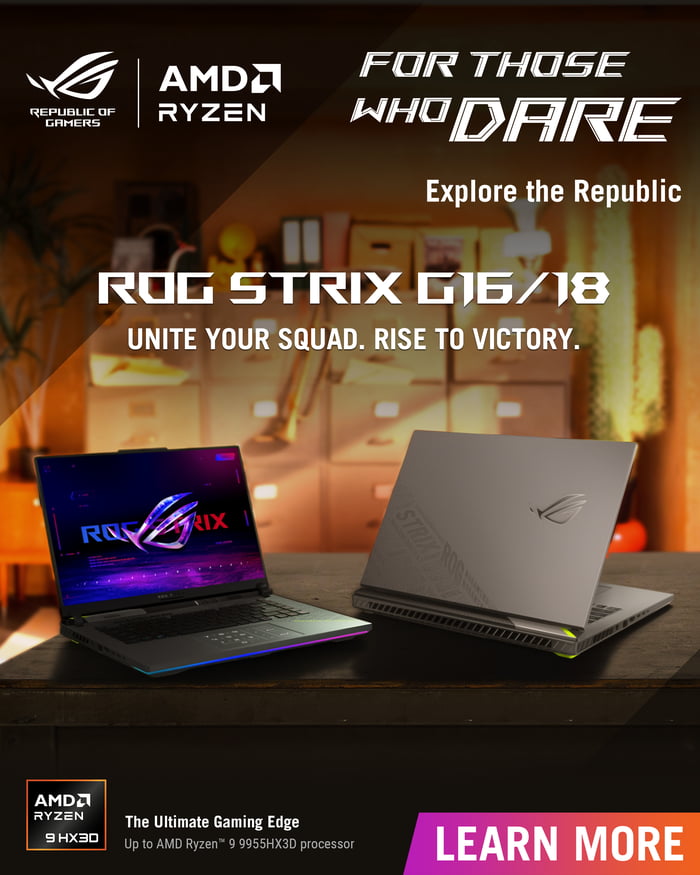 Unleash next-gen gaming power with the 2025 ROG Strix G16/18, featuring up to an AMD Ryzen™ 9 9955HX3D processor.