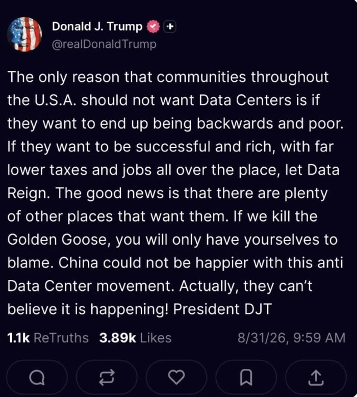 Simping for his donors.. Fing his voters over! Lol not a single data center is gonna go up near any of his properties or golf courses.. I guarantee it