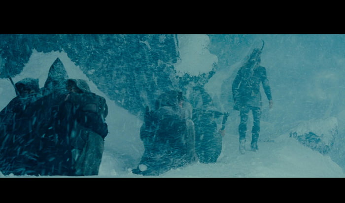 A cool little detail is that Legolas can walk on top of the snow whilst the rest of the fellowship has to walk through the snow.