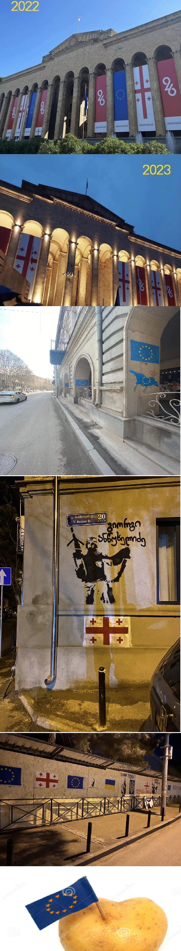 Georgia. Tomorrow is Independence day from USSR. First time over decades, government did not add EU flags to decorations. and this is how people reacted to it