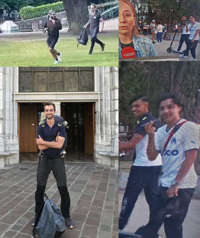 On Left, Hero Henri who threw his bag at the culprit multiple times and saved lives. On Right, two guys laughing behind the news crew at the scene of the incident