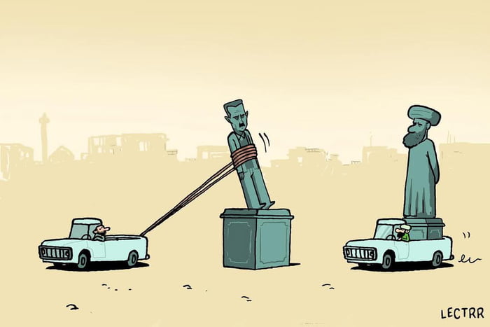 Syria today. The dictator is gone, long live the new dictator. Belgian cartoon