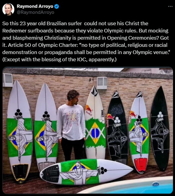 Really? It's not even a religious manifestation, it's a symbol of his town Rio de Janeiro and one of most famous monuments of his country, and was used in Brazil's olympics as promotional image all the time. This is hypocrisy at its highest level...