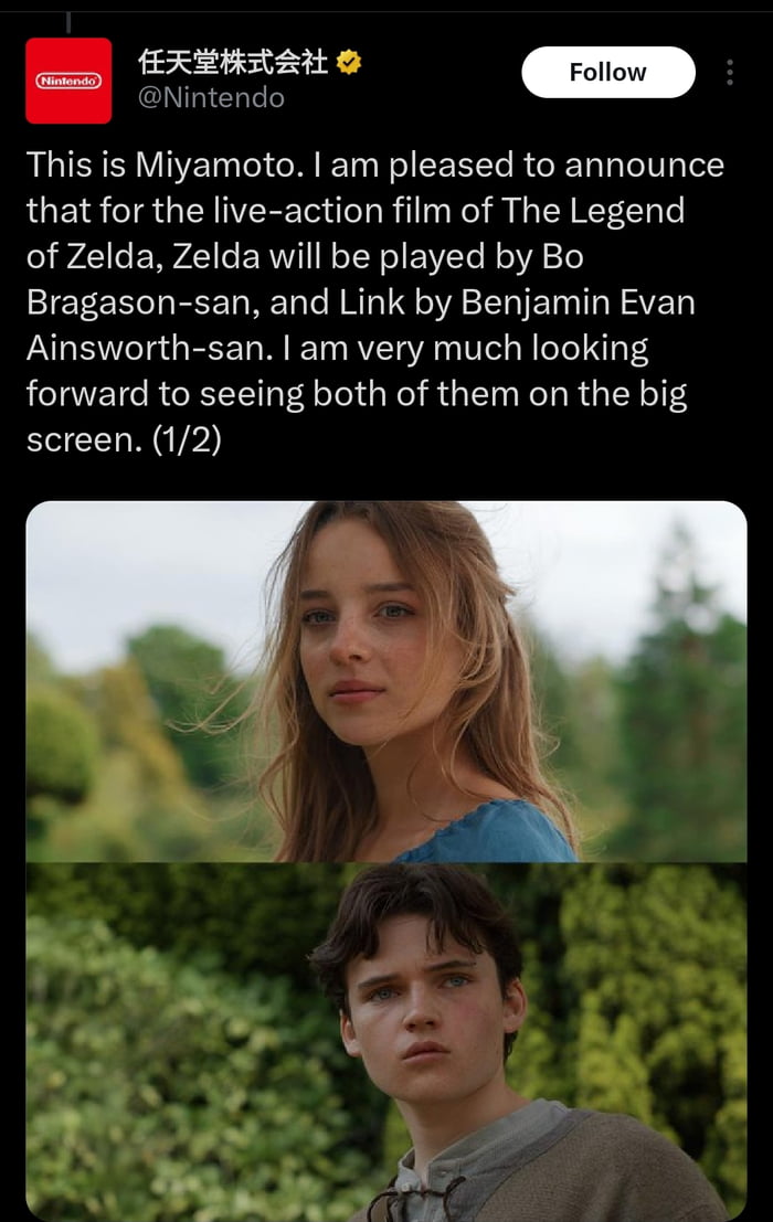 So there is an upcoming live action film of the Legend of Zelda coming out in 2027 and here are the two leads.