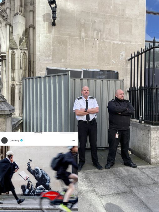 An hour after the new banksy artwork was revealed that was mocking the courts for censoring people, the courts censored it by covering it up...