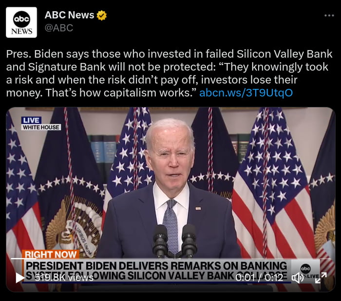 American politician rediscovers capitalism --- No bailouts. If an investor takes a risk and it doesn't pan out, investor loses his money. Welcome to capitalism.