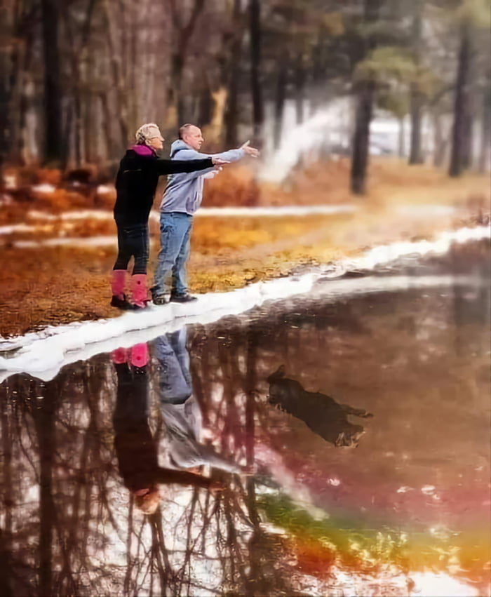 A photographer took a picture just as this couple threw ashes into a river. He asked them who it was. They answered their beloved dog of 15 years. The photographer asked for permission to edit their photo and this was what he sent them.