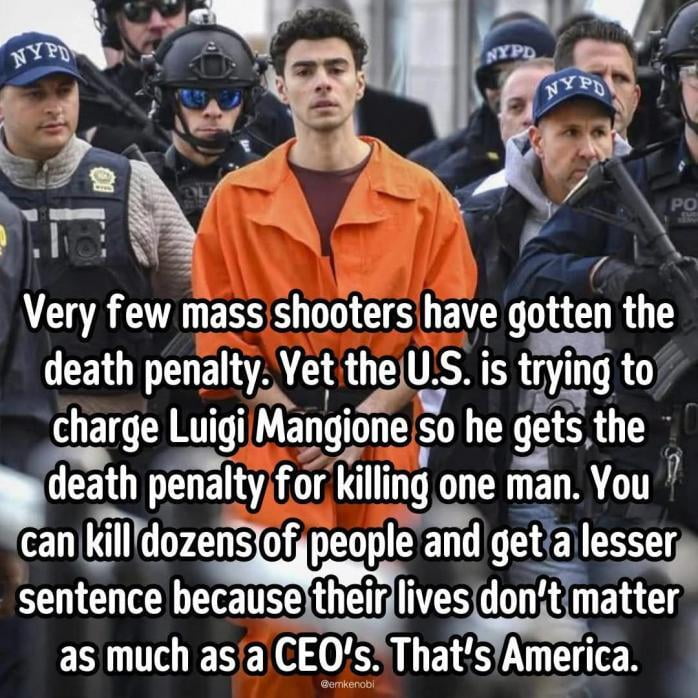 Patrick Crusius murdered 23 people and wounded 22 in a racist mass shooting in El Paso, Texas, federal prosecutors never asked for the death penalty. Clearly the ``justice`` system only cares about rich people