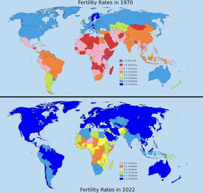 Average number of children per woman, 1970 vs 2022