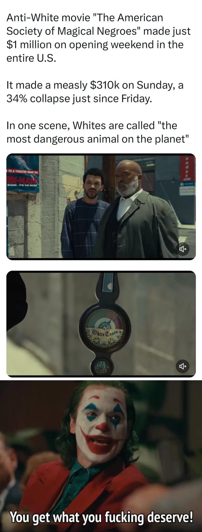 A new Hollywood movie just flopped big time. It even had a "white tears" clock next to white people in the movie. Hope they lost a lot of money on this film.