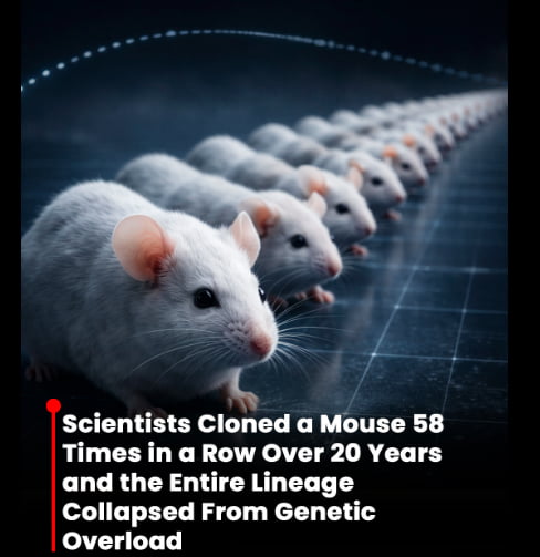 Researchers at Japan's University of Yamanashi spent 20 years serially cloning over 1,200 mice from one donor. The first 25 generations seemed healthy, but from generation 27, birth rates dropped and mutations accumulated rapidly. By generation 57, o