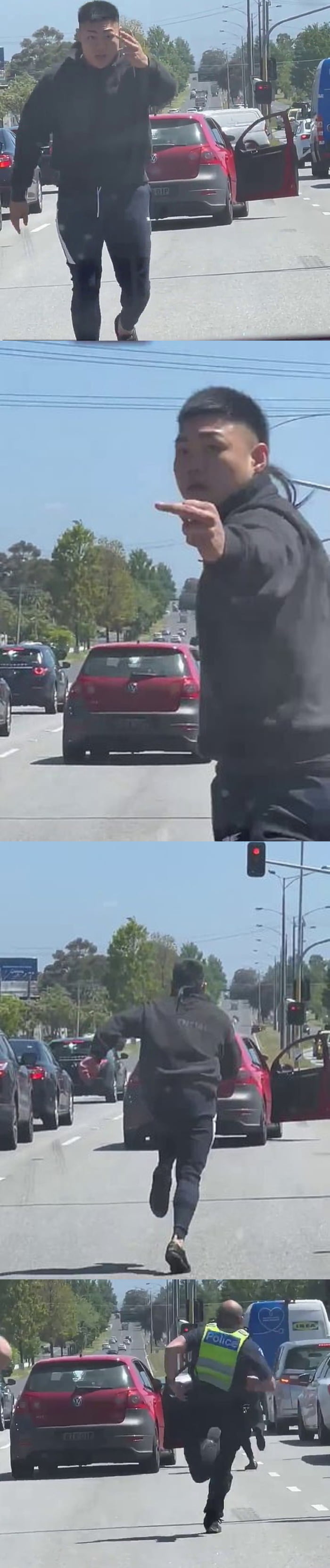 Road rage dude walks aggressively upto another motorist in traffic. Wonder what made him suddenly change his mind.?