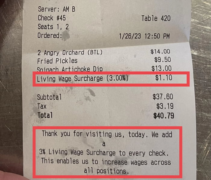 Restaurant adds 3% "living wage surcharge" Thoughts?