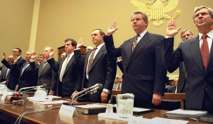 Tobacco company CEOs swearing under oath that nicotine is not addictive (1994)