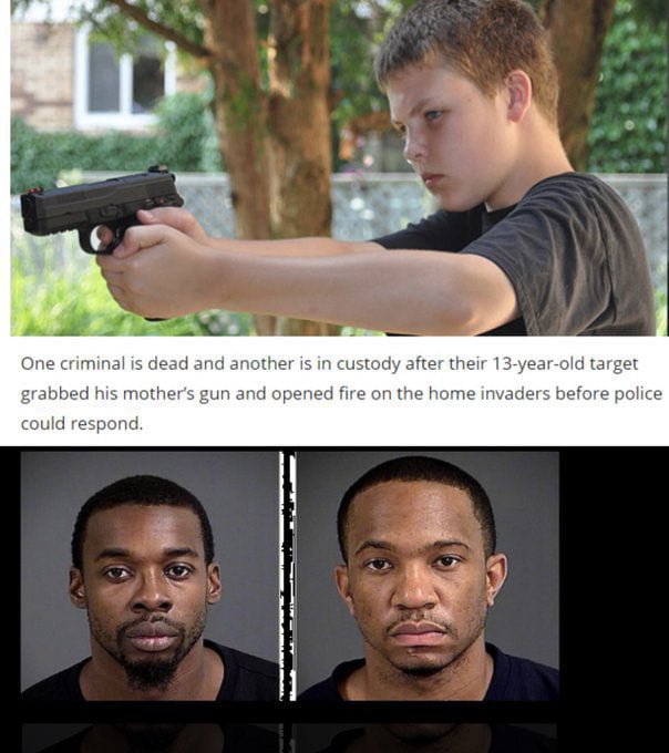 A 13-year-old kid shot two criminals (one severely wounded but alive) who were attempting to rob his home and assault his mother.