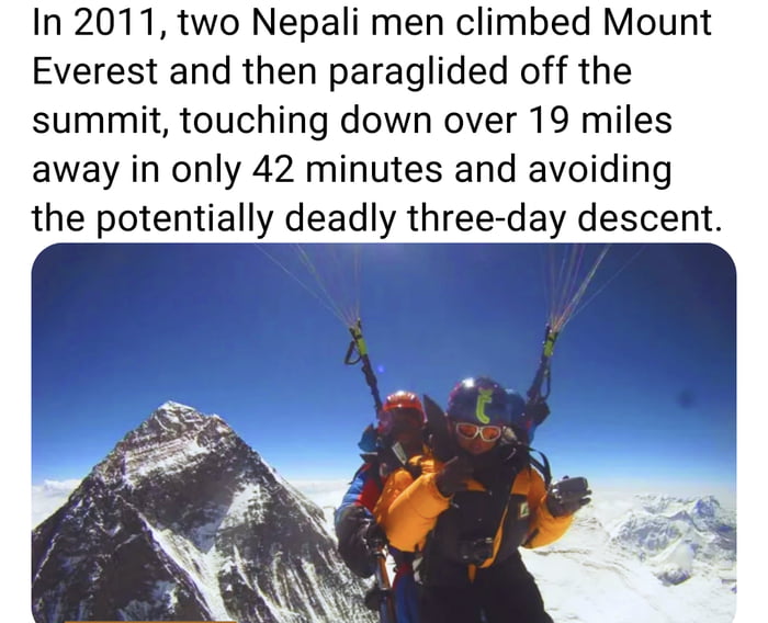 Tandem paraglider pilot Babu Sunuwar and experienced Everest climber Lakpa Tshering Sherpa have flown a tandem paraglider from the summit of Everest.