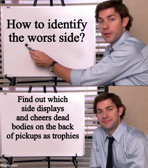 That Palestine/Israel conflict is old and complex. But the dead bodies as trophies with cheering crowd is enough for me to pick a side. You're not fighting to defend yourself. You're just sadistic criminals.