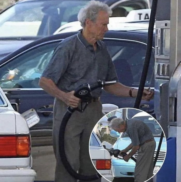 Clint Eastwood is 94 years old. He still drives his 1988 model car when he has enough money to purchase an automobile factory. This photo shows him pumping his own gas . He has not let worldwide fame and wealth go to his head. IMO one of the true mar