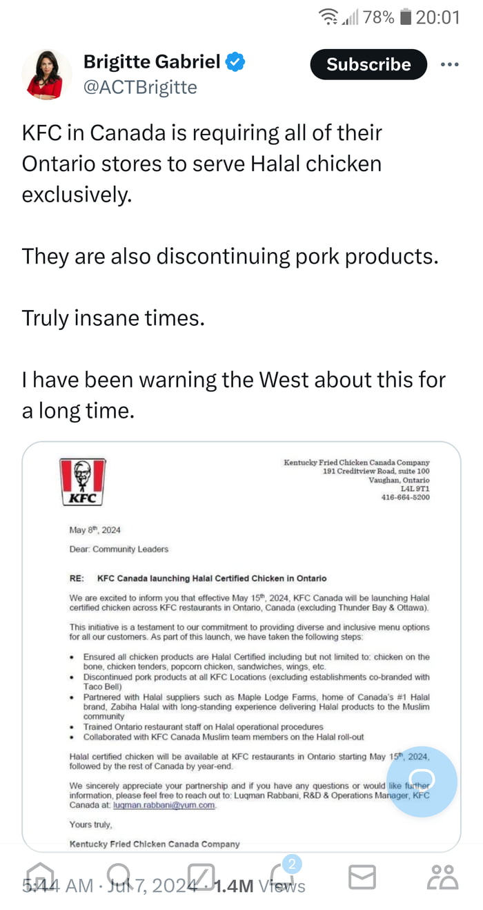 No pork in KFC Ontario