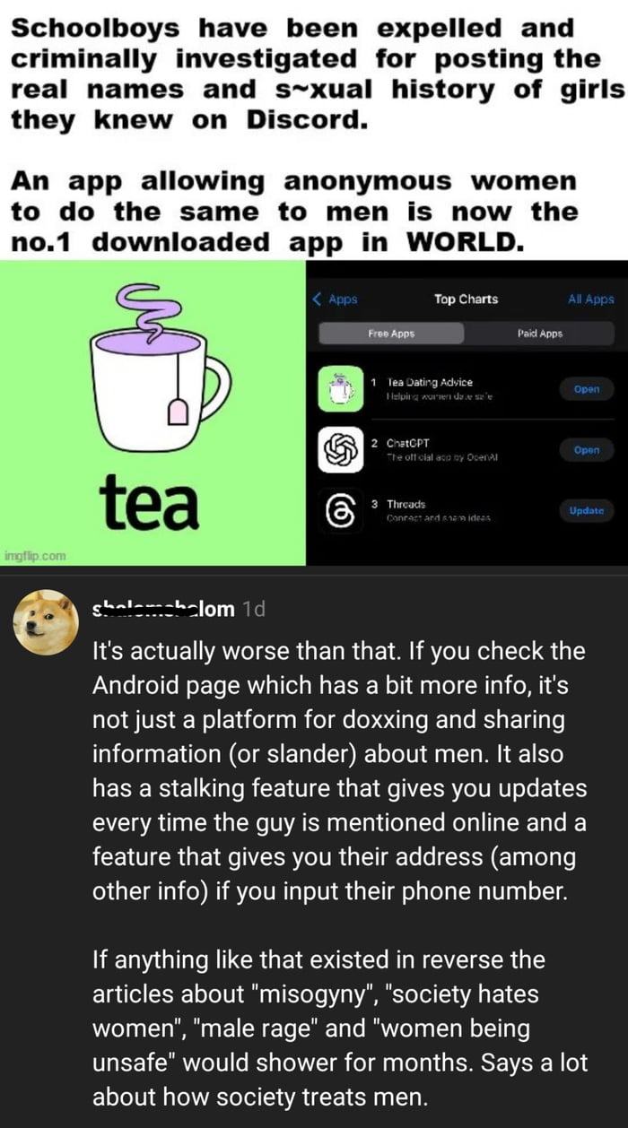 Ironically photos of the women on this app (verification photos to prove they are women) have been leaked. Media articles seem more concerned about this data breach than the fact the app was slandering random men.