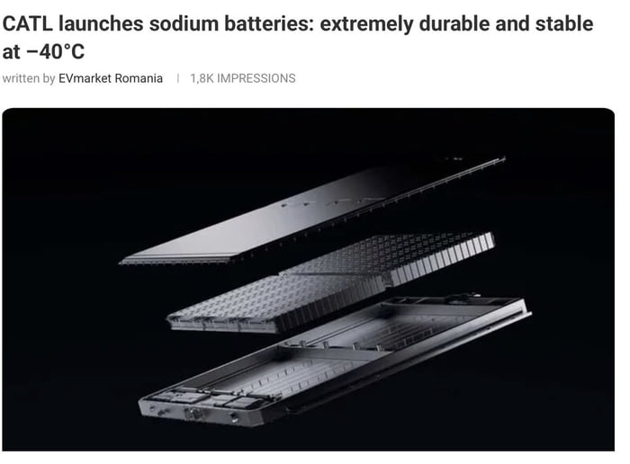 CATL, the world's largest battery maker, launches sodium batteries: extremely durable, stable at –40°C, much cheaper than lithium (5x), safer,10,000 charge cycles, requires no nickel or cobalt...