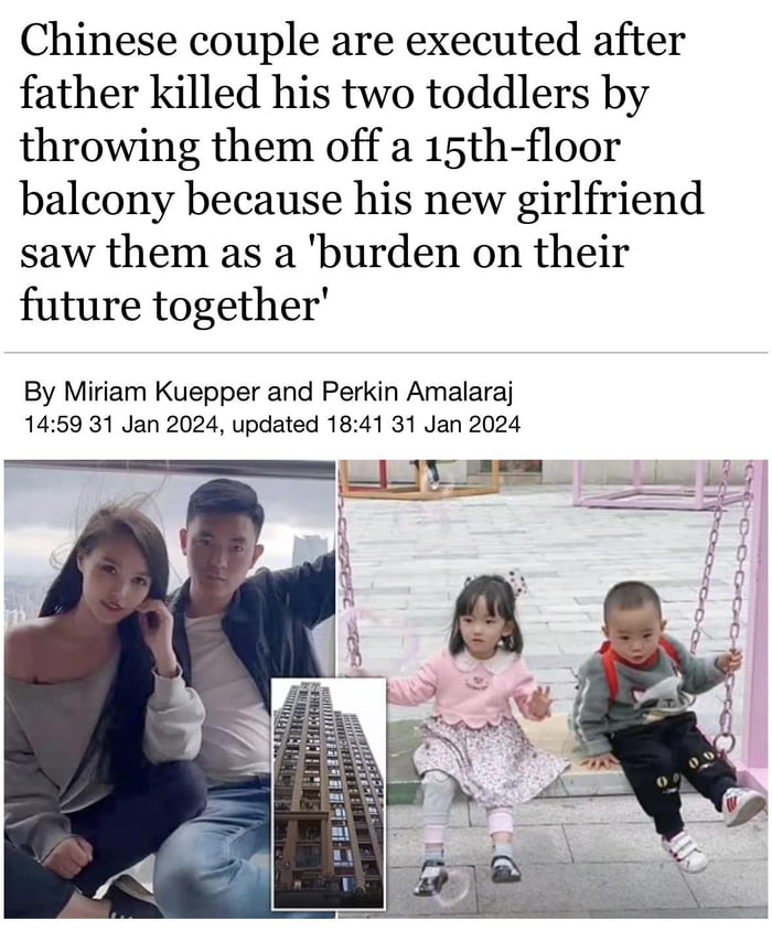 Chinese man murders his 2yo daughter and 1yo son after constant pressure from his girlfriend to “get rid of them” because they “shouldn’t exist anyway”