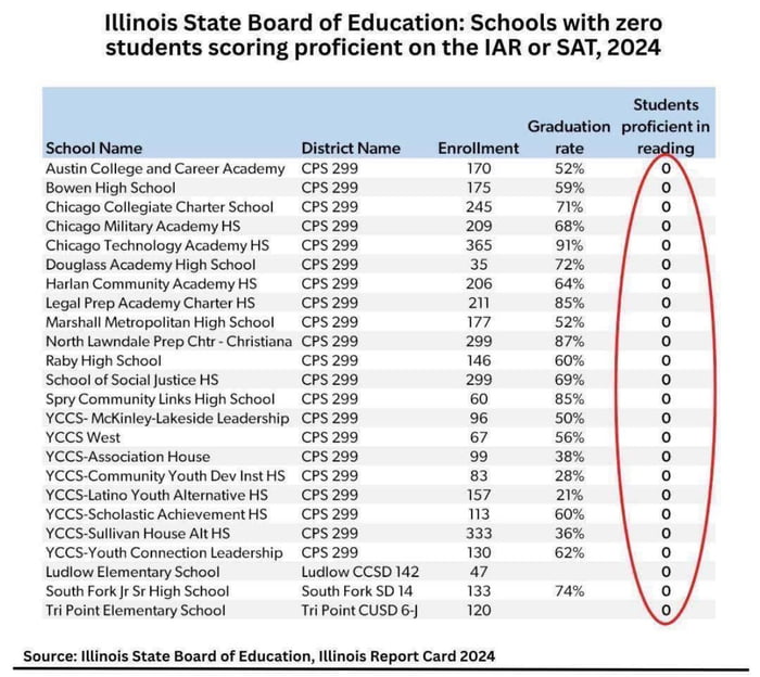 Illinois has 24 schools where not a single child can read at grade level.. zero
