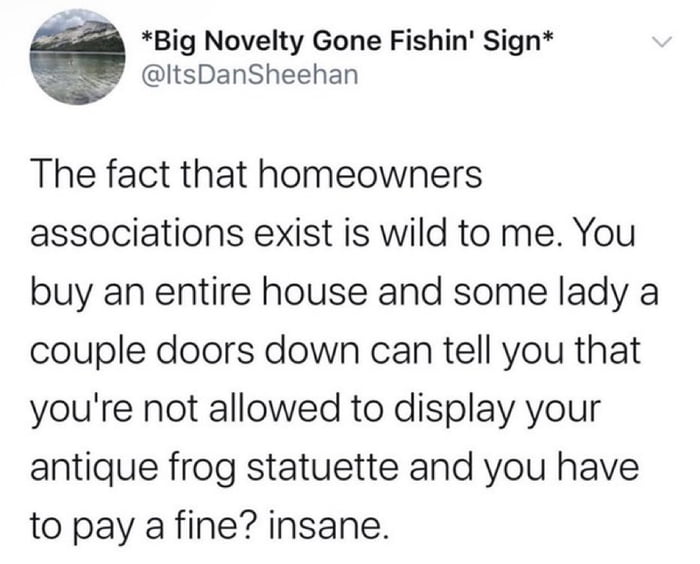 The homeowner association rules are truly wild. Imagine being fined for a frog figurine.