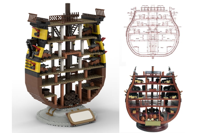 I have submitted my idea "XVIII Century Flagship Cross-Section Model in Minifigure Scale" on LEGO IDEAS, but they rejected it, because they say it violates their policy: No "Warfare or war vehicles in any modern or present-day situation, or national