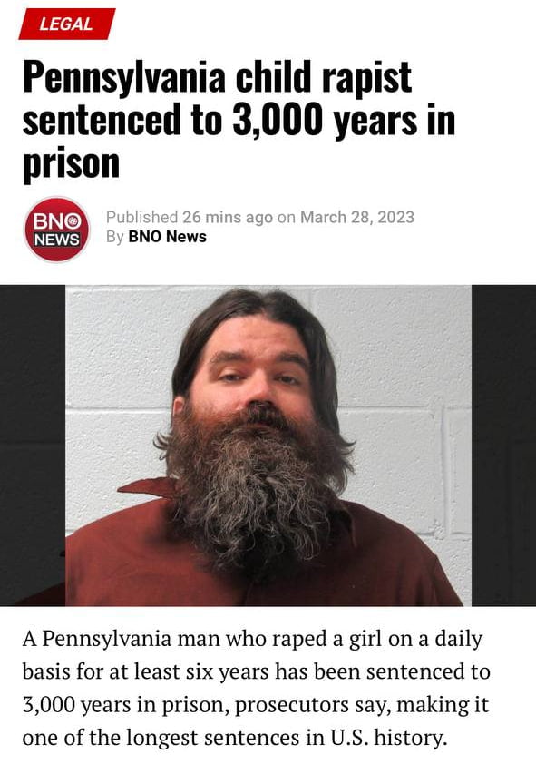 Man raped young girl every day for 6 years. He was sentenced to 3,000 years in prison. His wife, who helped him, got 3-7 years