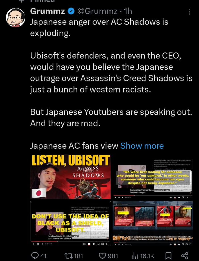 Ubisoft CEO says the outrage ove Assassins Creed Shadows is bunch of white men posing as Japanese. In response the Japanese start a petition and start voicing their discontent on yt. My Japanese gaming brothers speak up you have every right