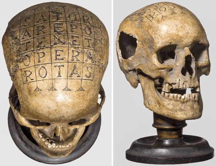 A 16th century German ‘oath skull’ engraved with the ‘magical’ Roman ‘Sator square’, comprising the words SATOR, AREPO, TENET, OPERA, ROTAS.