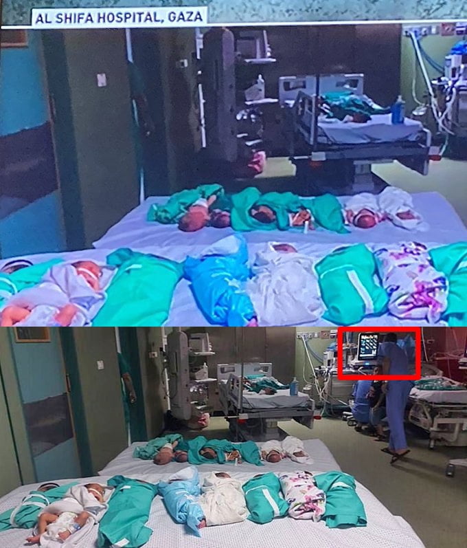 A photo of Gaza babies has appeared all over social media saying they were taken out of their incubators because the hospital doesn’t have electricity. The thing is there’s also an uncropped photo that clearly shows a functional electrical monitor in