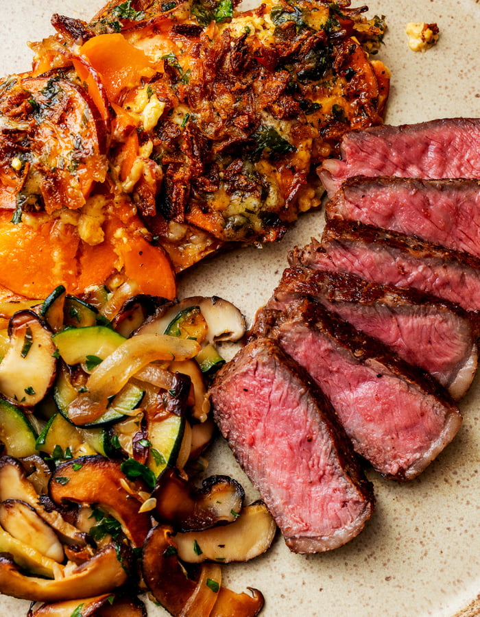 NY Strip, Sweet Potato au Gratin, and Sautéed Mushrooms and Zucchini