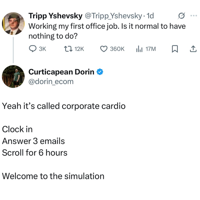 Corporate cardio is my new fitness routine.