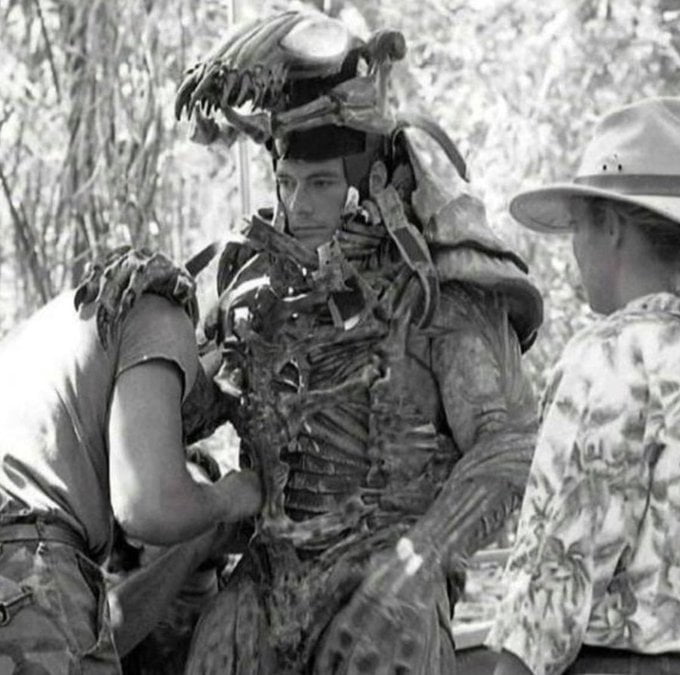 Jean-Claude Van Damme on the set of PREDATOR (1987), in the original Predator suit design before he was fired from the film.