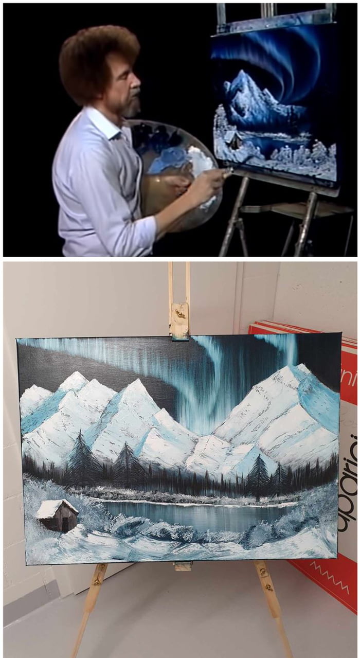 Recently I went to the shop and bought some oil paint, canvas and roughly followed Bob Ross' painting (Northern Lights). I know that it's not even close to maestro's work, but I think it's OKish, given the fact that I never tried painting before, exc