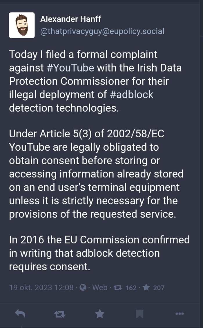 Youtube's adblock detection apparently is against EU laws