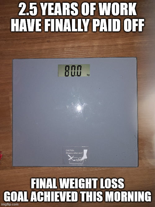 From being 126.5kg (278.3lbs) to 80kg (176lbs). At 176cm, BMI went from 40.84 to 25.82. Took longer than expected, but worth every minute. And no, no ozempic used, just intermittent fasting.